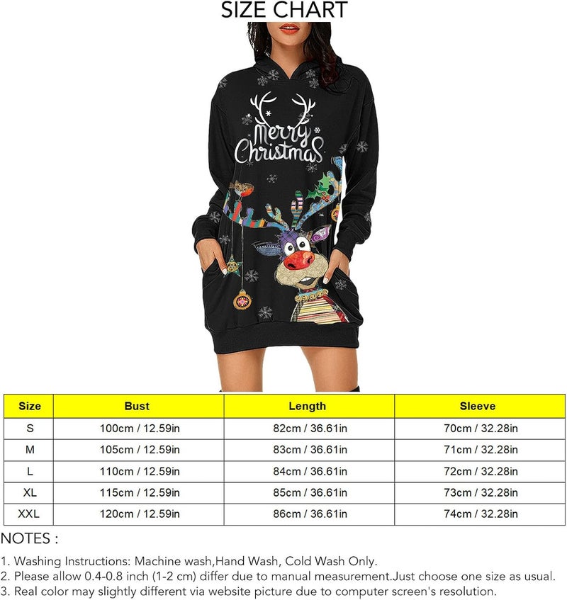 woobles Hoodie Dress, Womens Hoodie Dress Christmas Pattern Print Polyester Casual for Shopping - Image 3
